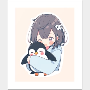 Adorable little girl hugging a penguin Posters and Art